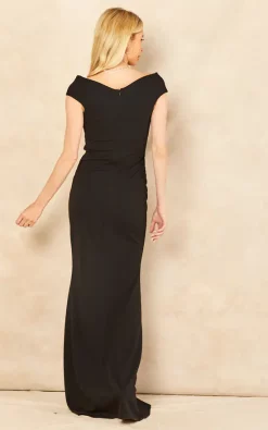 Goddiva Bardot Pleated Occasion Maxi Dress In Black -DRESSES SHOP 2022 05 31 Jen Amy Goddiva39764