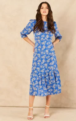Bella And Blue Tiered Floral Midi Dress In Blue