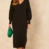ONLY Long Sleeve V Neck Knitted Midi Dress In Black