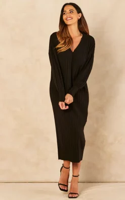 ONLY Long Sleeve V Neck Knitted Midi Dress In Black -DRESSES SHOP 2022 06 14 Jen Naomi Only45586