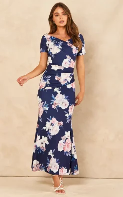 Feverfish Bardot Off Shoulder Maxi Print Dress Navy
