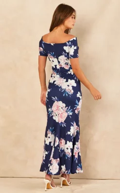 Feverfish Bardot Off Shoulder Maxi Print Dress Navy -DRESSES SHOP 2022 06 27 Jen Chynna Feverfish49646