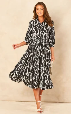 LOVE SUNSHINE Black Zebra Printed Half Sleeve Midi Shirt Dress