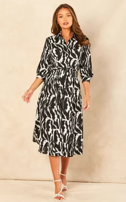 LOVE SUNSHINE Black Zebra Printed Half Sleeve Midi Shirt Dress -DRESSES SHOP 2022 07 12 Jen Chynna LoveSunshine52962