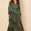 Traffic People Green Animal Print Midi Dress With Glitter Threads