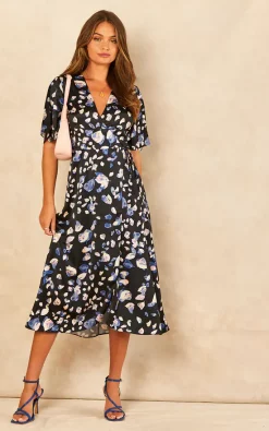 Bella And Blue Navy Petal Print Satin Midi Wrap Dress