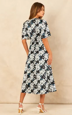 Bella And Blue Black And White Lily Print Satin Midi Wrap Dress -DRESSES SHOP 2022 07 21 Jen Chynna Bella Blue60076