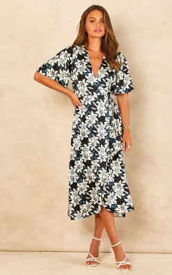 Bella And Blue Black And White Lily Print Satin Midi Wrap Dress