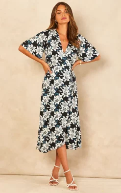 Bella And Blue Black And White Lily Print Satin Midi Wrap Dress -DRESSES SHOP 2022 07 21 Jen Chynna Bella Blue60123