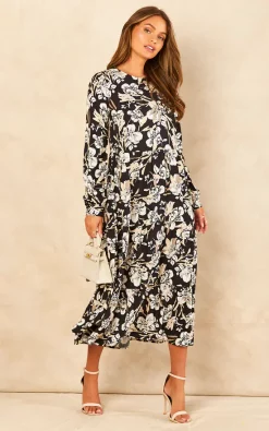 Bella And Blue Black And White Sketched Floral Print Long Sleeve Smock Dress -DRESSES SHOP 2022 07 21 Jen Chynna Bella Blue60283
