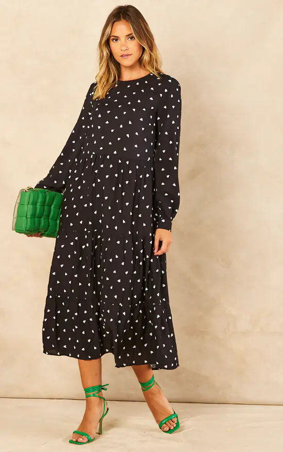 Bella And Blue Black And White Heart Print Long Sleeve Smock Dress 2 Bella And Blue Black And White Heart Print Long Sleeve Smock Dress - Image 2