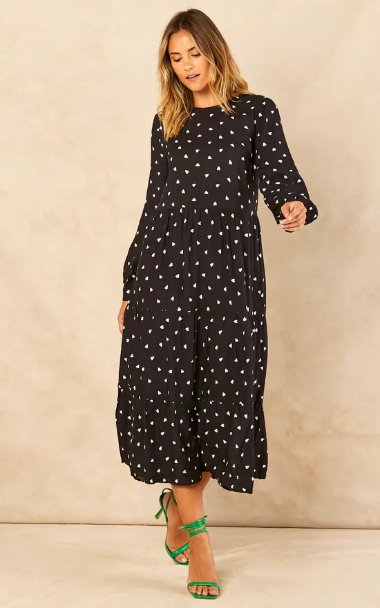 Bella And Blue Black And White Heart Print Long Sleeve Smock Dress 3 Bella And Blue Black And White Heart Print Long Sleeve Smock Dress - Image 3