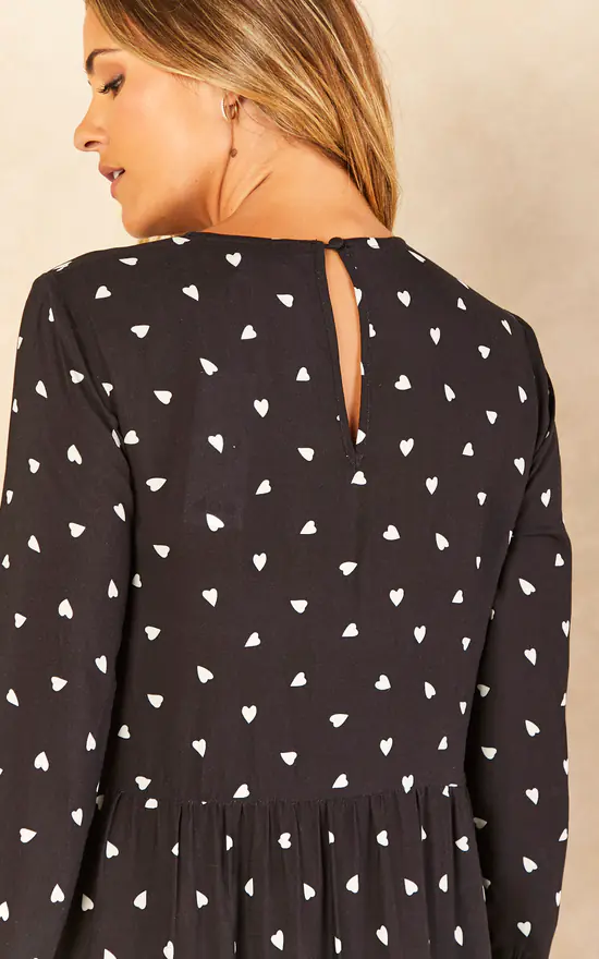 Bella And Blue Black And White Heart Print Long Sleeve Smock Dress 4 Bella And Blue Black And White Heart Print Long Sleeve Smock Dress - Image 4