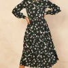 Bella And Blue White And Green Floral Print Long Sleeve Smock Dress