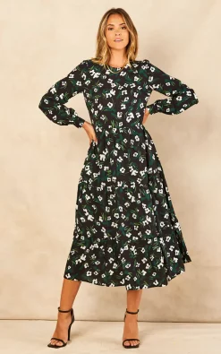 Bella And Blue White And Green Floral Print Long Sleeve Smock Dress