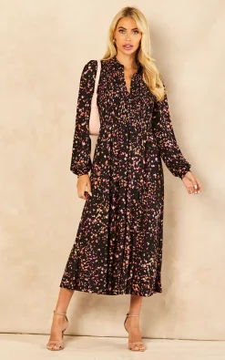 Blue Vanilla Shirred Bust Long Sleeve Midi Shirt Dress