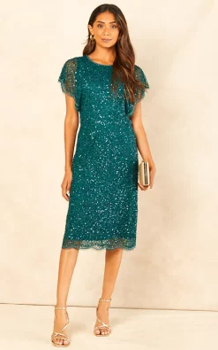 ANGELEYE Sequin Flutter Sleeve Midi Dress In Green