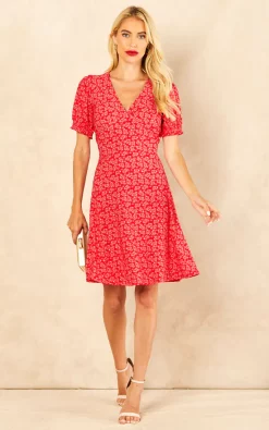 Blue Vanilla Lydia Shirring Cuff Sleeve Tea Dress In Red Floral Print