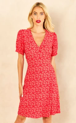 Blue Vanilla Lydia Shirring Cuff Sleeve Tea Dress In Red Floral Print -DRESSES SHOP 2022 08 03 Jen Amy BlueVanilla64844