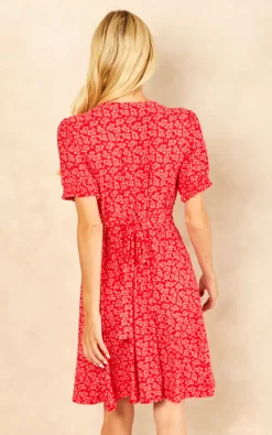 Blue Vanilla Lydia Shirring Cuff Sleeve Tea Dress In Red Floral Print -DRESSES SHOP 2022 08 03 Jen Amy BlueVanilla64866