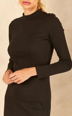 Vila Long Sleeve Ribbed Midi Dress In Black -DRESSES SHOP 2022 08 03 Jen Amy VILA65960