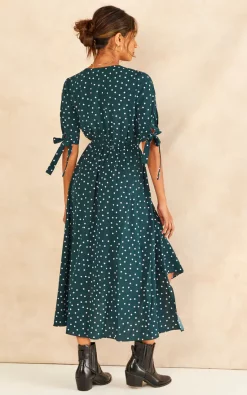 ANGELEYE Tie Sleeve Polka Dot Midi Dress In Dark Green -DRESSES SHOP 2022 09 02 Jen Shree Angeleye 75629