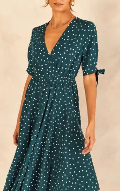 ANGELEYE Tie Sleeve Polka Dot Midi Dress In Dark Green