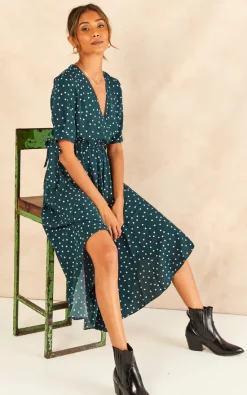 ANGELEYE Tie Sleeve Polka Dot Midi Dress In Dark Green -DRESSES SHOP 2022 09 02 Jen Shree Angeleye 75648