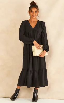 Gini London Oversized V Neck Midi Smock Long Sleeve Black Dress -DRESSES SHOP 2022 09 02 Jen Shree Gini75686