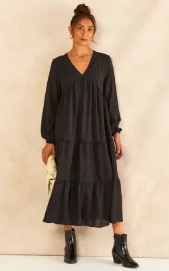 Gini London Oversized V Neck Midi Smock Long Sleeve Black Dress