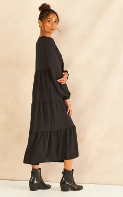 Gini London Oversized V Neck Midi Smock Long Sleeve Black Dress -DRESSES SHOP 2022 09 02 Jen Shree Gini75706