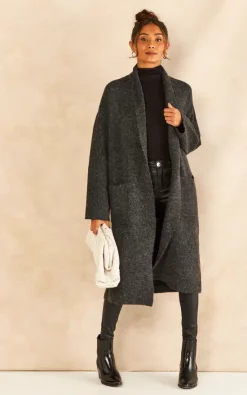 VM Long Sleeve Knitted Coatigan In Dark Grey