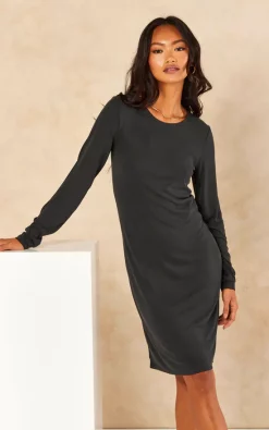 Vila Long Sleeve Midi Dress In Black