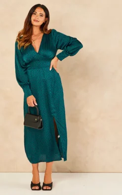 Gini London Green Spot V Neck Split Front Midi Dress