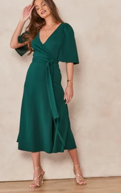 Edie B. Anna Green Cape Split Sleeve Mock Wrap Dress With Side Split