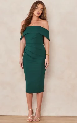 Edie B. Kelsey Green Bardot Pencil Dress With Gather Detail In Scuba Crepe -DRESSES SHOP 2022 09 13 Tom Chynna EdieB10350