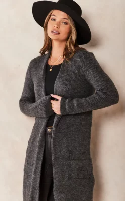 ONLY Longline Ribbed Cardigan With Pockets In Dark Grey