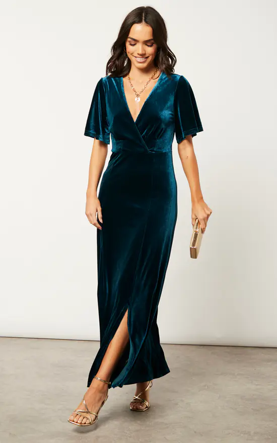 ANGELEYE Wrap Front Velvet Dress With Flutter Sleeves And One Slit In Teal 2 ANGELEYE Wrap Front Velvet Dress With Flutter Sleeves And One Slit In Teal - Image 2