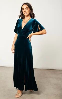 ANGELEYE Wrap Front Velvet Dress With Flutter Sleeves And One Slit In Teal
