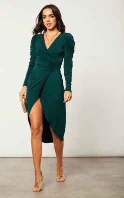 Jenerique Oscar Sleeve Wrap Midi Dress In Emerald Green
