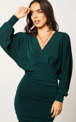 Jenerique V Neck Bat Sleeve Midi Dress In Emerald Green -DRESSES SHOP 2022 09 23 Jen Mollie Jenerique0871