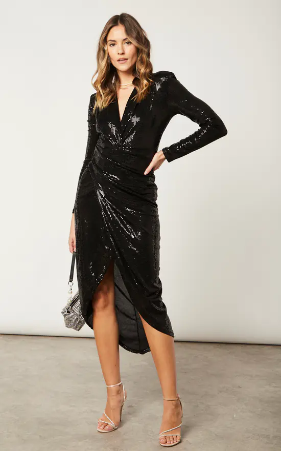 Jenerique Forever Buzy Sequin Wrap Midi Dress In Black 1 Jenerique Forever Buzy Sequin Wrap Midi Dress In Black