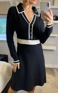 Yumi Contrast Collar Knitted Dress In Black -DRESSES SHOP 2022 10 10 Sasha Yumi97