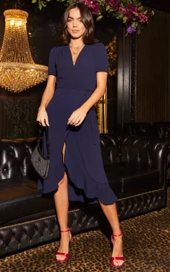John Zack Short Sleeved Wrap Midi Dress With Frilled Hem In Navy -DRESSES SHOP 2022 10 17 Mollie JohnZack42