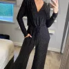 Honor Gold Kennedy Lurex Long Sleeve Plunge Jumpsuit In Black And Gold