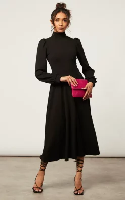 SIGNAGE Black Turtle Neck Long Sleeve Skater Midi Dress With Keyhole