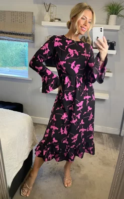 D.Anna Long Sleeves Pink Floral Print Midi Dress