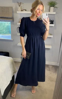 D.Anna Round Neck Long Sleeves Maxi Dress With Smock Details In Navy