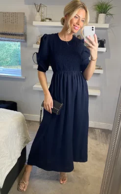 D.Anna Round Neck Long Sleeves Maxi Dress With Smock Details In Navy -DRESSES SHOP 2022 10 26 Sasha Danna68