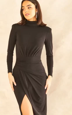 John Zack High Neck Wrap Skirt Long Sleeve Midi Dress In Black
